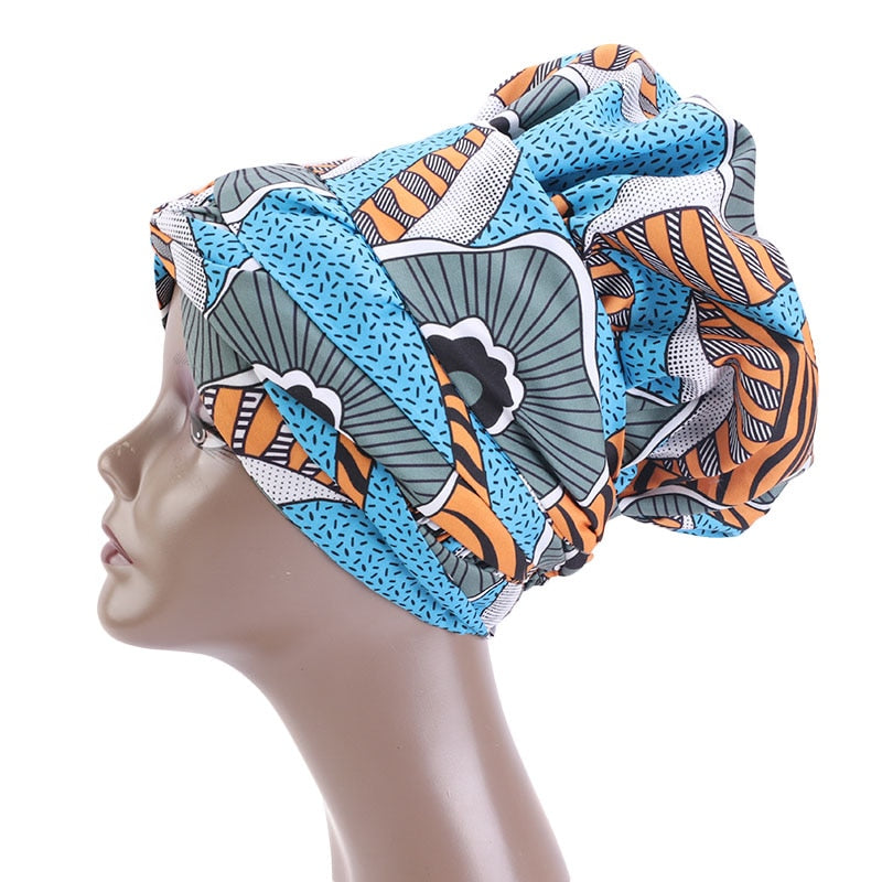 African Print Large Satin Lined Bonnets/ Head wrap with Long Ribbon Tie