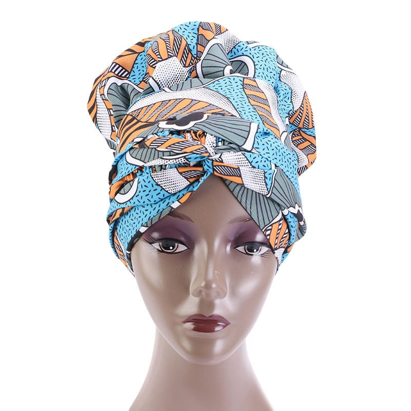 African Print Large Satin Lined Bonnets/ Head wrap with Long Ribbon Tie