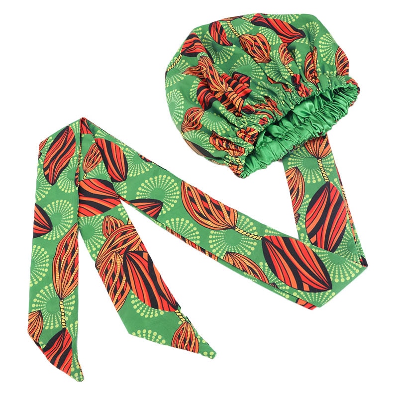 African Print Large Satin Lined Bonnets/ Head wrap with Long Ribbon Tie