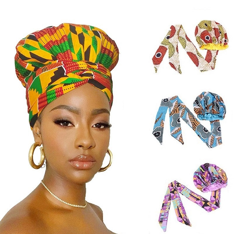 African Print Large Satin Lined Bonnets/ Head wrap with Long Ribbon Tie