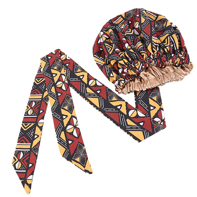 African Print Large Satin Lined Bonnets/ Head wrap with Long Ribbon Tie