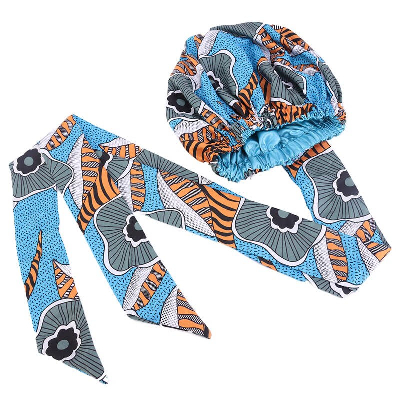 African Print Large Satin Lined Bonnets/ Head wrap with Long Ribbon Tie