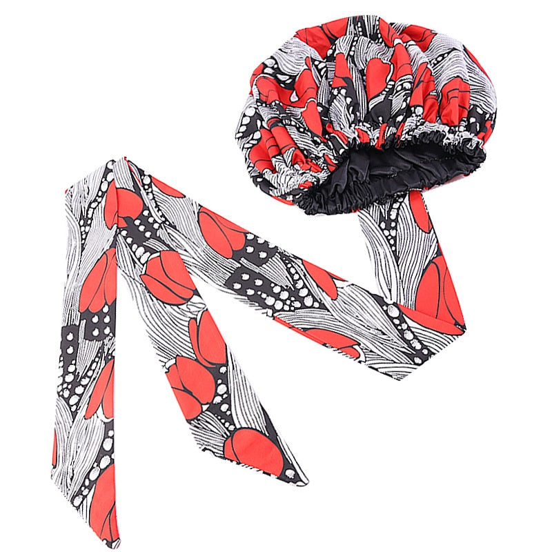 African Print Large Satin Lined Bonnets/ Head wrap with Long Ribbon Tie