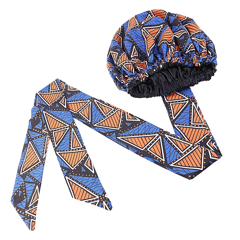 African Print Large Satin Lined Bonnets/ Head wrap with Long Ribbon Tie