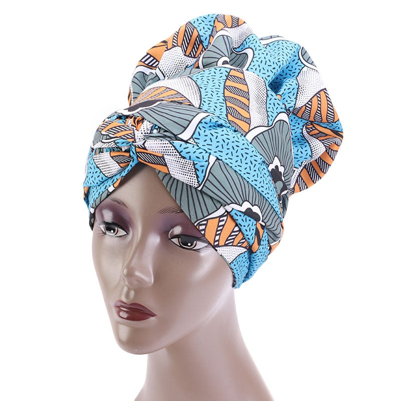 African Print Large Satin Lined Bonnets/ Head wrap with Long Ribbon Tie