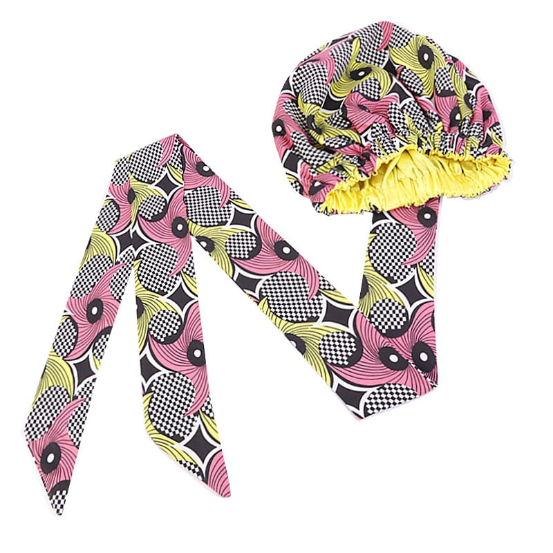 African Print Large Satin Lined Bonnets/ Head wrap with Long Ribbon Tie