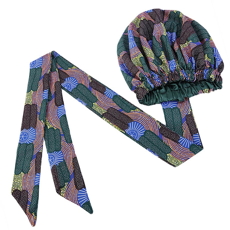 African Print Large Satin Lined Bonnets/ Head wrap with Long Ribbon Tie