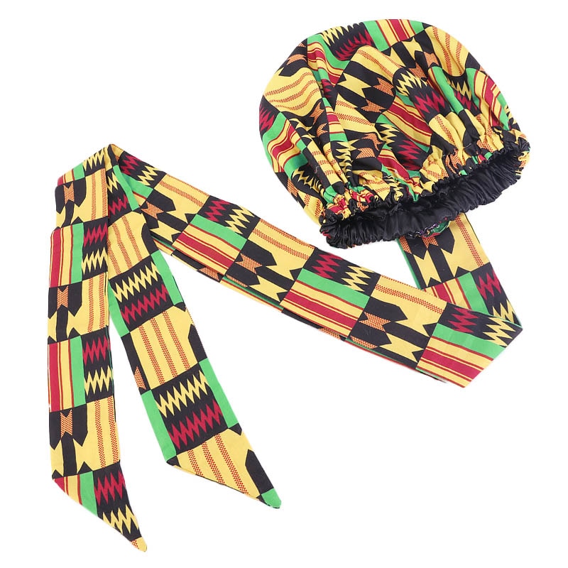 African Print Large Satin Lined Bonnets/ Head wrap with Long Ribbon Tie