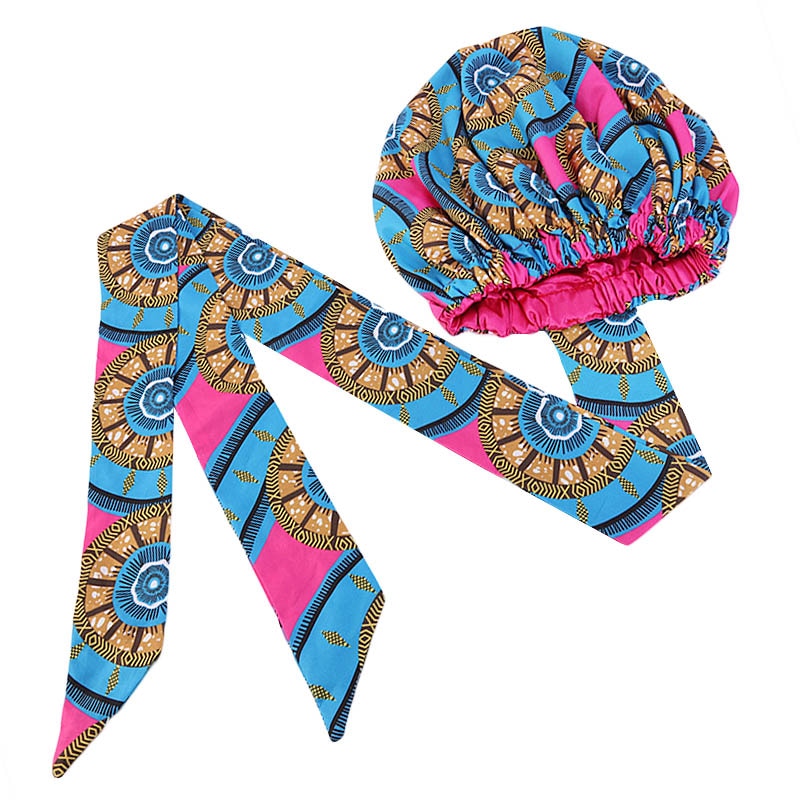 African Print Large Satin Lined Bonnets/ Head wrap with Long Ribbon Tie