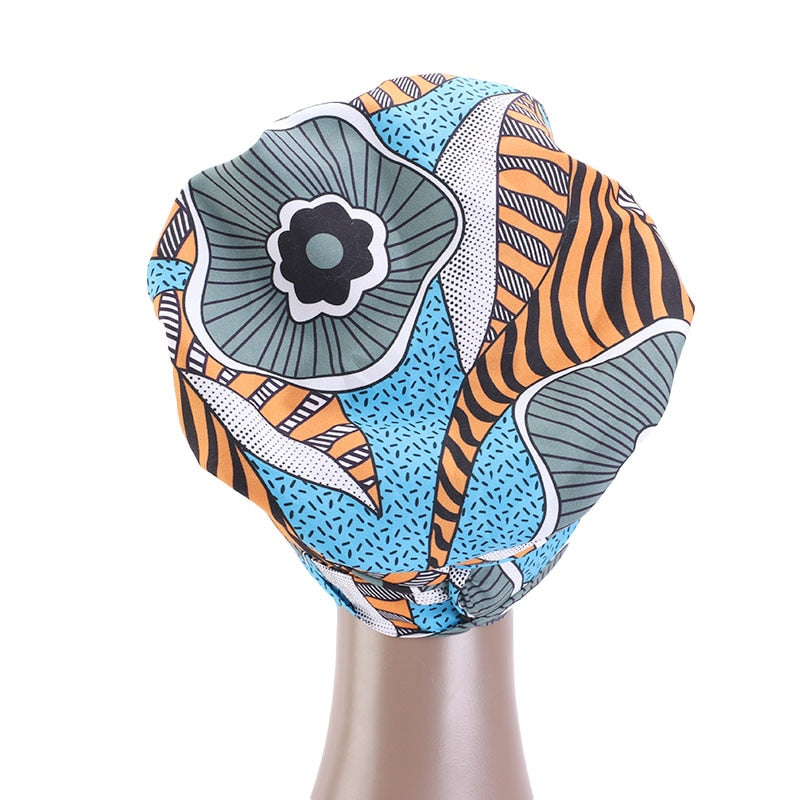 African Print Large Satin Lined Bonnets/ Head wrap with Long Ribbon Tie