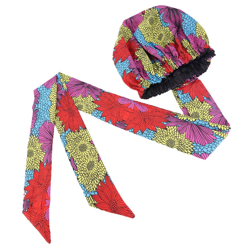 African Print Large Satin Lined Bonnets/ Head wrap with Long Ribbon Tie