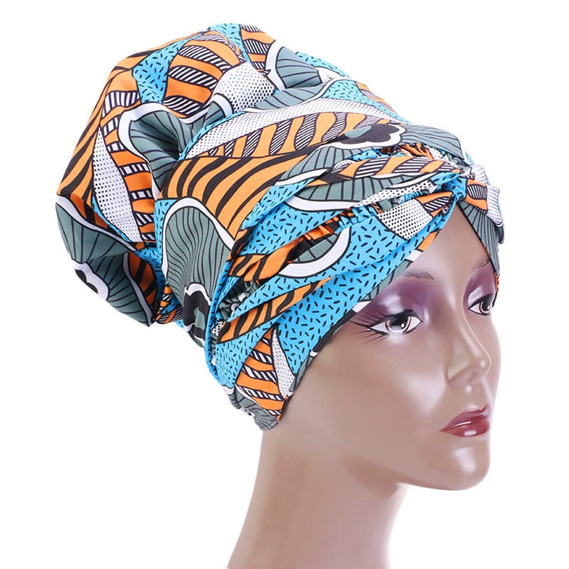 African Print Large Satin Lined Bonnets/ Head wrap with Long Ribbon Tie